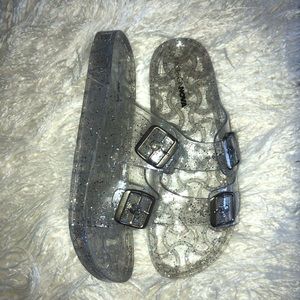 Clear jelly Birkenstock sandals w/ multi glitter